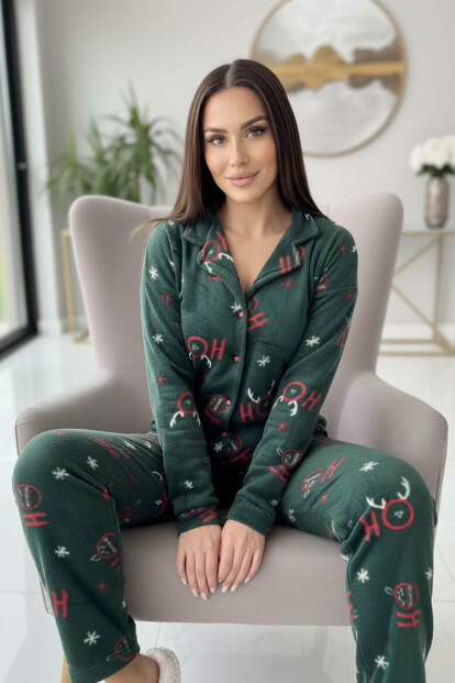 Yeşil Deer Desenli Önden Düğmeli Peluş Polar Pijama Takımı - 2