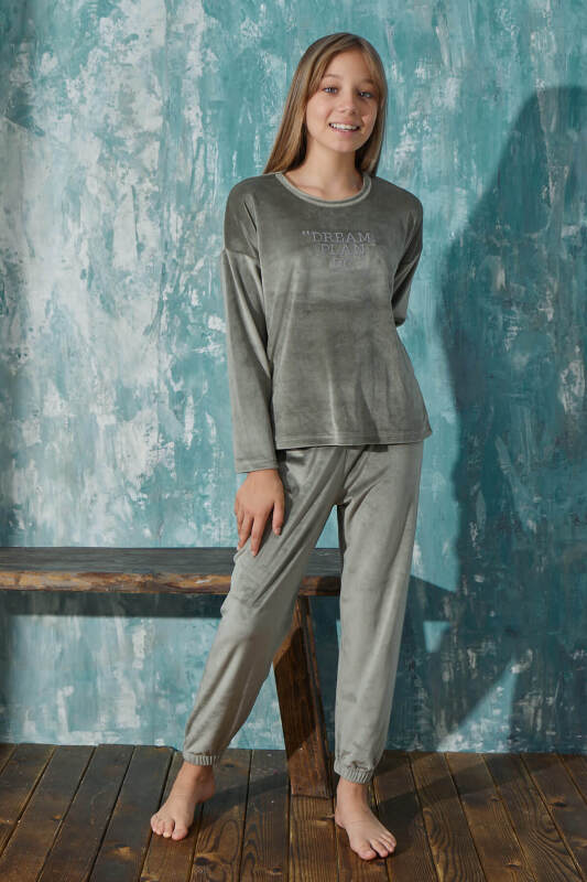 Yeşil Dream Desenli Exclusive Kadife Kız Çocuk Pijama Takımı  - Pijamaevi (2)