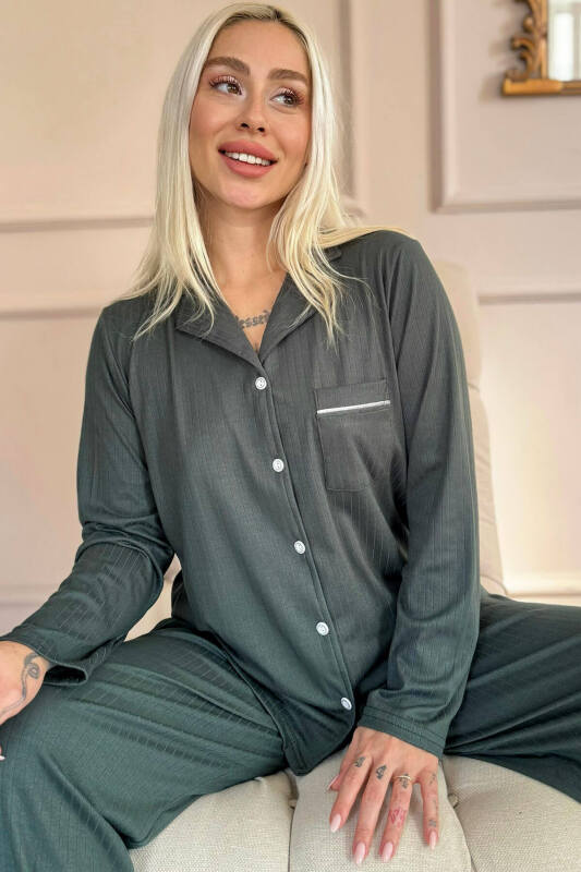 Yeşil Dublin Önden Düğmeli Uzun Kollu Kadın Pijama Takımı - Pijamaevi