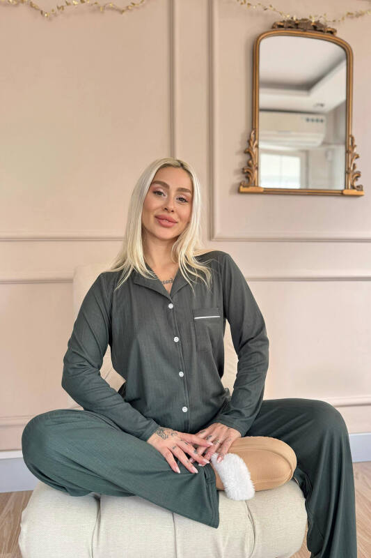 Yeşil Dublin Önden Düğmeli Uzun Kollu Kadın Pijama Takımı - Pijamaevi (2)