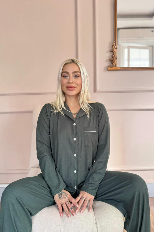 Yeşil Dublin Önden Düğmeli Uzun Kollu Kadın Pijama Takımı - Pijamaevi (3)