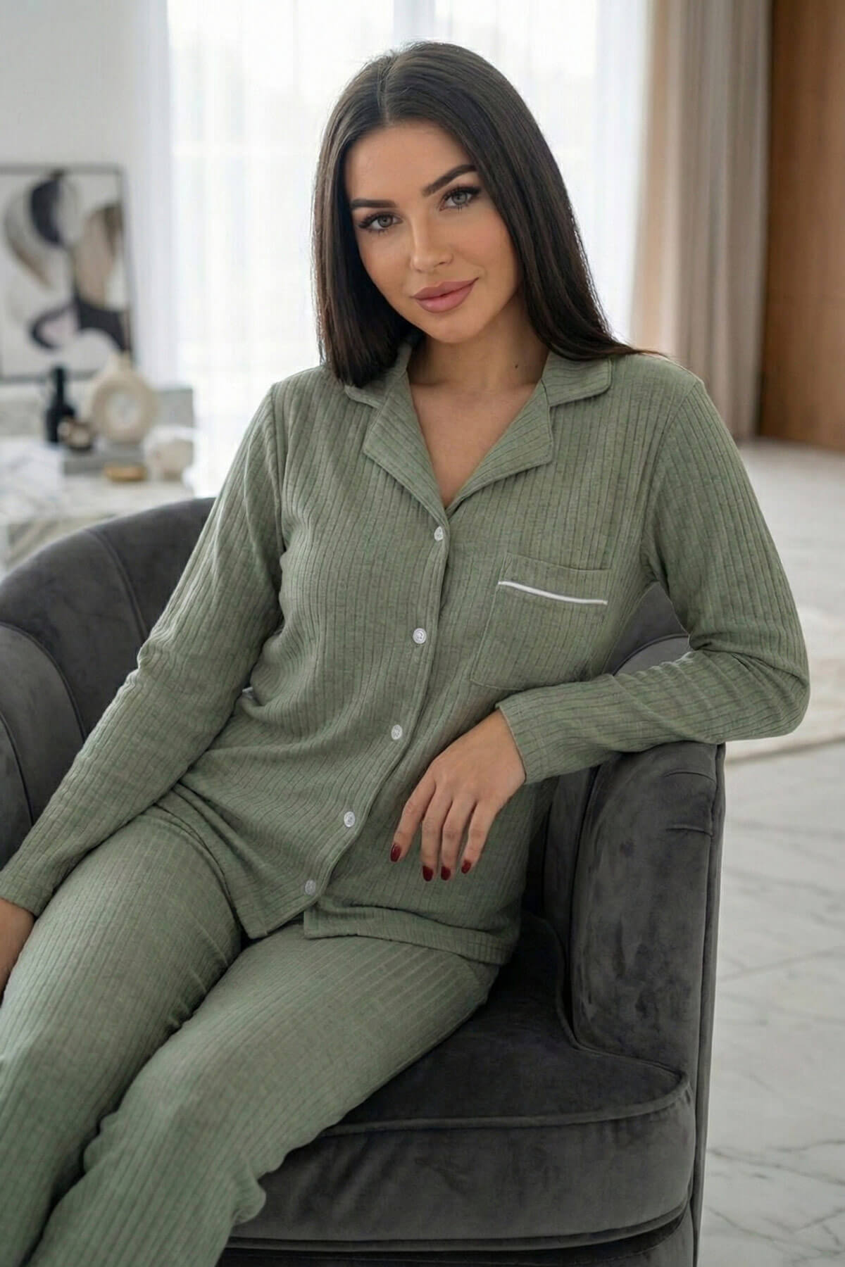 Yeşil Dublin Önden Düğmeli Uzun Kollu Kadın Pijama Takımı - Pijamaevi (1)