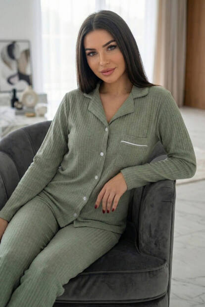 Yeşil Dublin Önden Düğmeli Uzun Kollu Kadın Pijama Takımı - 2