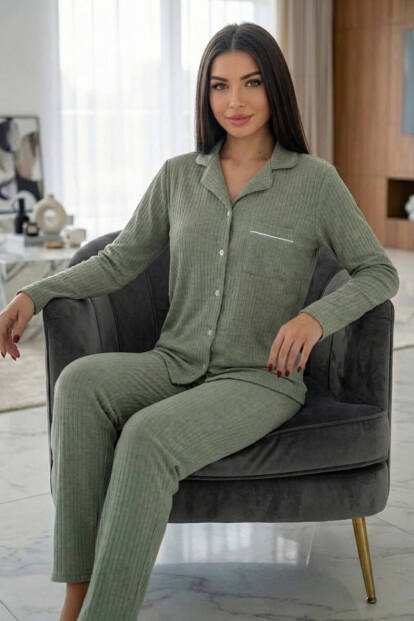 Yeşil Dublin Önden Düğmeli Uzun Kollu Kadın Pijama Takımı - 3