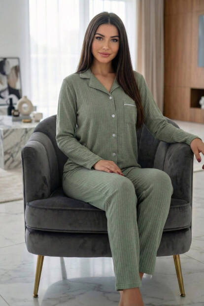 Yeşil Dublin Önden Düğmeli Uzun Kollu Kadın Pijama Takımı - 4