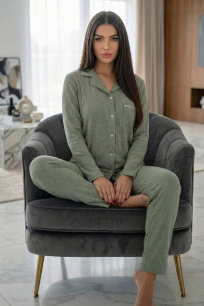 Yeşil Dublin Önden Düğmeli Uzun Kollu Kadın Pijama Takımı - 5