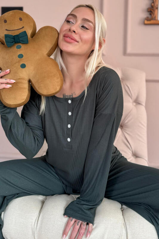 Yeşil Dublin Uzun Kollu Patlı Kadın Pijama Takımı - Pijamaevi