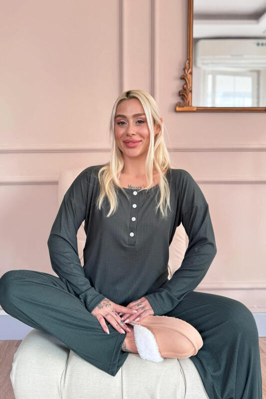 Yeşil Dublin Uzun Kollu Patlı Kadın Pijama Takımı - Pijamaevi (3)