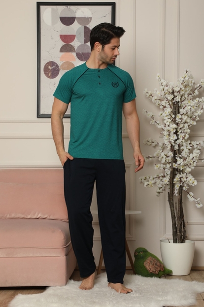 Yeşil Düğme Detaylı Kısa Kollu Erkek Pijama Takımı - 1