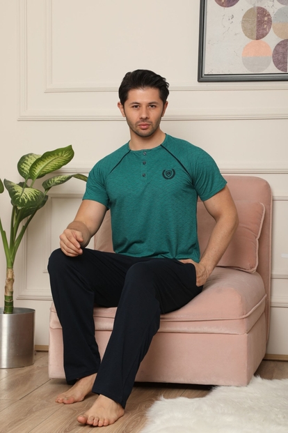Yeşil Düğme Detaylı Kısa Kollu Erkek Pijama Takımı - 2