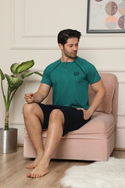 Yeşil Düğme Detaylı Şortlu Erkek Pijama Takımı - 2