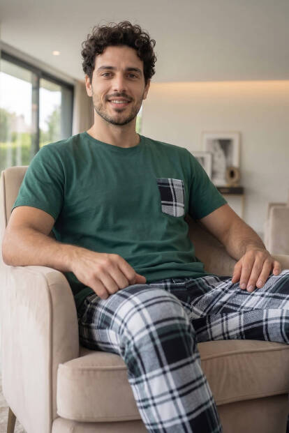 Yeşil Ekose Cep Detay Kısa Kollu Erkek Pijama Takımı - 6