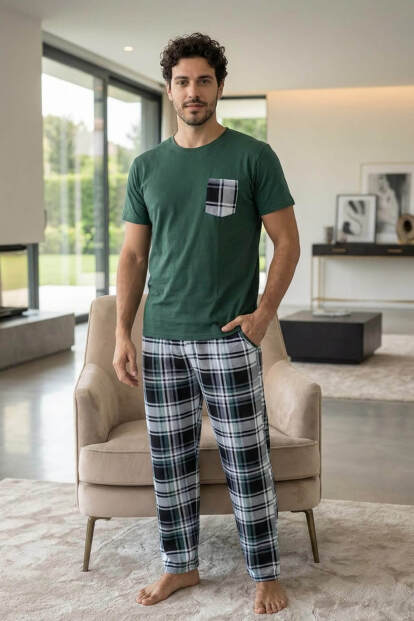Yeşil Ekose Cep Detay Kısa Kollu Erkek Pijama Takımı - 7