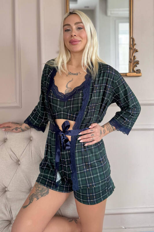 Yeşil Ekose Desenli Bambu Crop Sabahlıklı Şortlu Kadın Pijama Takımı - Pijamaevi