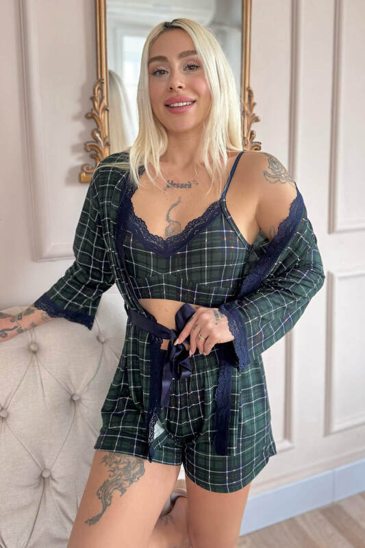 Yeşil Ekose Desenli Bambu Crop Sabahlıklı Şortlu Kadın Pijama Takımı - Pijamaevi (2)