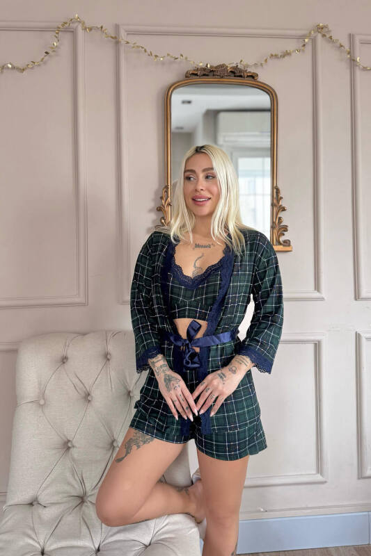 Yeşil Ekose Desenli Bambu Crop Sabahlıklı Şortlu Kadın Pijama Takımı - Pijamaevi (3)