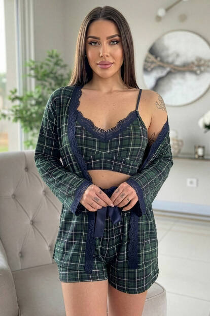 Yeşil Ekose Desenli Bambu Crop Sabahlıklı Şortlu Kadın Pijama Takımı 
