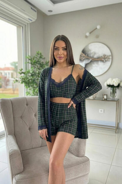 Yeşil Ekose Desenli Bambu Crop Sabahlıklı Şortlu Kadın Pijama Takımı - 2