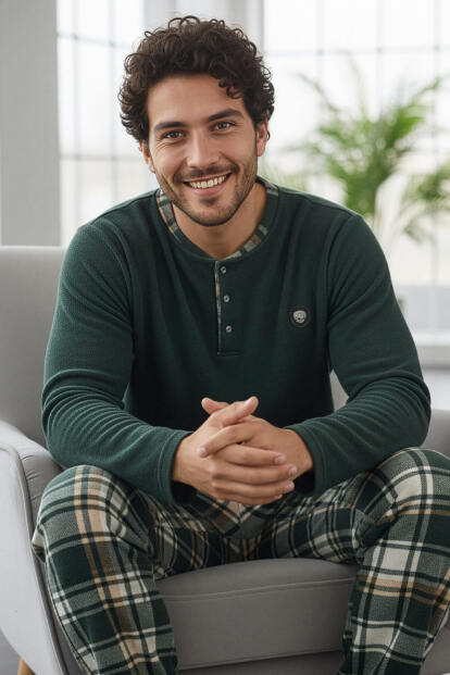 Yeşil Ekose Desenli Polar Erkek Pijama Takımı - 2