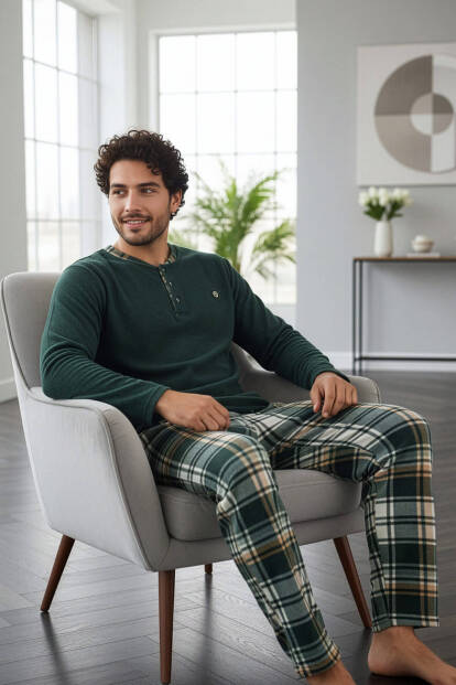 Yeşil Ekose Desenli Polar Erkek Pijama Takımı - 3