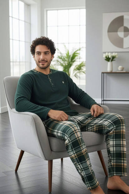 Yeşil Ekose Desenli Polar Erkek Pijama Takımı - 4