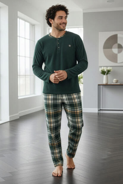 Yeşil Ekose Desenli Polar Erkek Pijama Takımı - 5