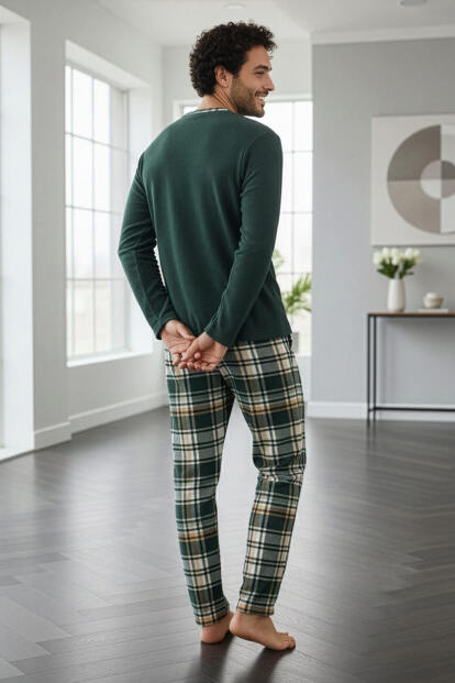 Yeşil Ekose Desenli Polar Erkek Pijama Takımı - 6