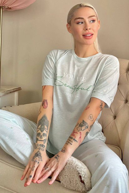 Yeşil Enough Baskılı Örme Kısa Kollu Kadın Pijama Takımı - 1