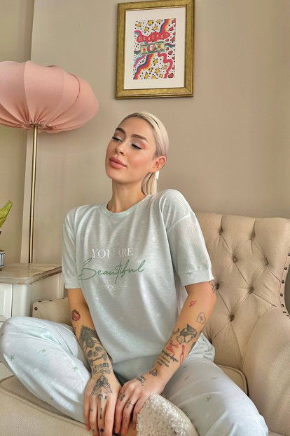 Yeşil Enough Baskılı Örme Kısa Kollu Kadın Pijama Takımı - 2