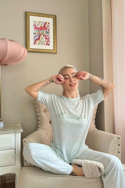 Yeşil Enough Baskılı Örme Kısa Kollu Kadın Pijama Takımı - 3
