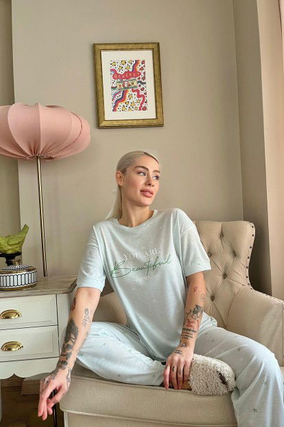 Yeşil Enough Baskılı Örme Kısa Kollu Kadın Pijama Takımı - 4