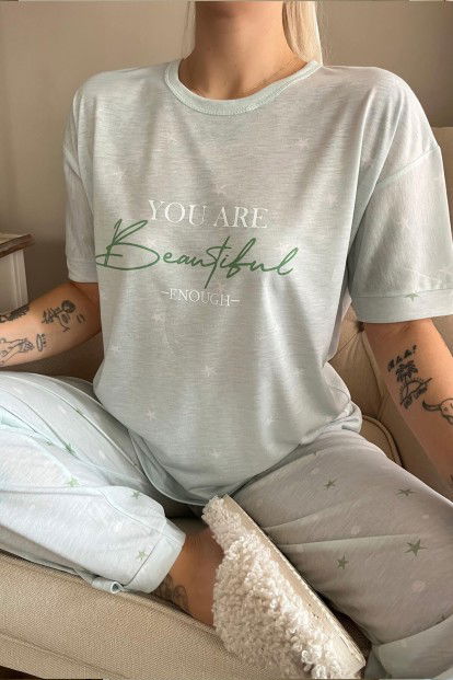 Yeşil Enough Baskılı Örme Kısa Kollu Kadın Pijama Takımı - 5