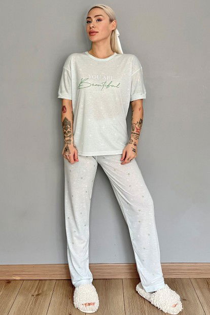 Yeşil Enough Baskılı Örme Kısa Kollu Kadın Pijama Takımı - 6