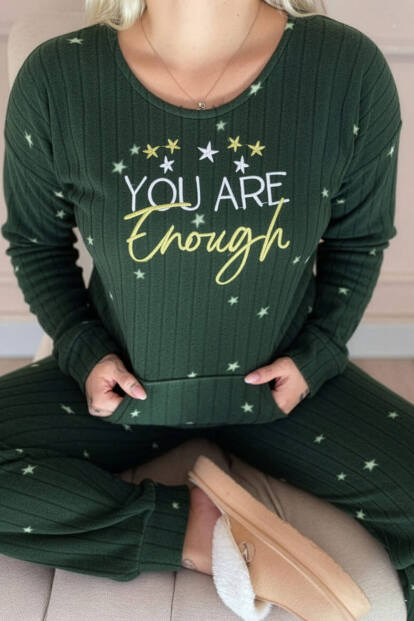 Yeşil Enough Desenli Kanguru Cepli Peluş Polar Pijama Takımı - 4