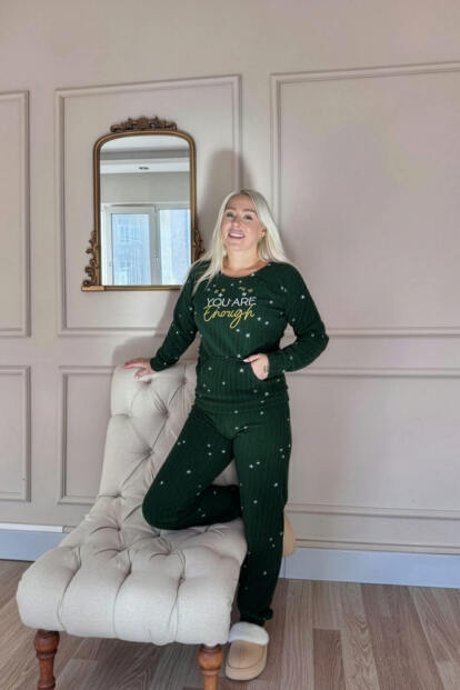 Yeşil Enough Desenli Kanguru Cepli Peluş Polar Pijama Takımı - 5