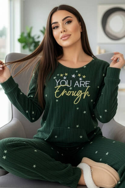 Yeşil Enough Desenli Kanguru Cepli Peluş Polar Pijama Takımı 