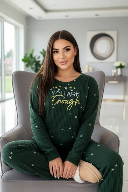 Yeşil Enough Desenli Kanguru Cepli Peluş Polar Pijama Takımı - 3