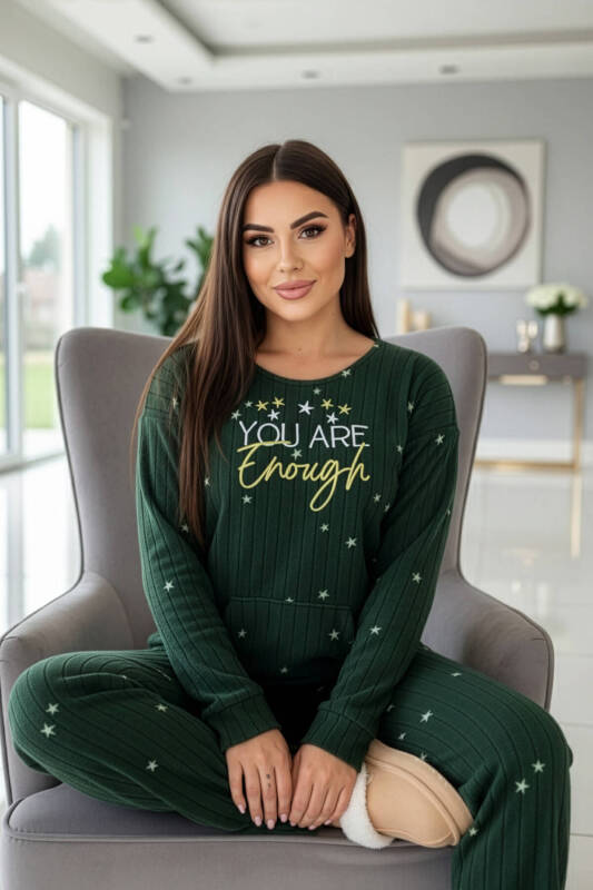 Yeşil Enough Desenli Kanguru Cepli Peluş Polar Pijama Takımı - Pijamaevi (2)