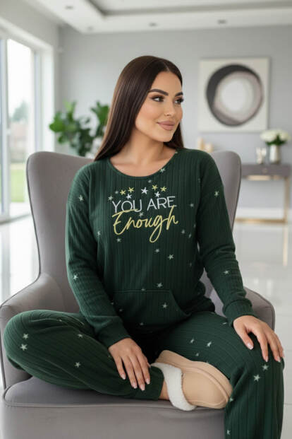 Yeşil Enough Desenli Kanguru Cepli Peluş Polar Pijama Takımı - 4