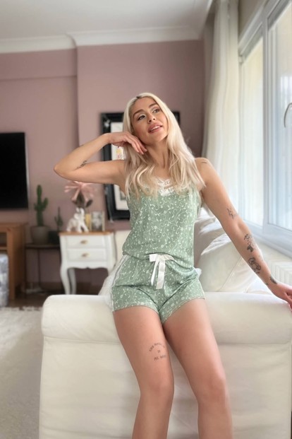 Yeşil Etnia Pegasus Dantel Detaylı İp Askı Şortlu Örme Pijama Takımı - 3