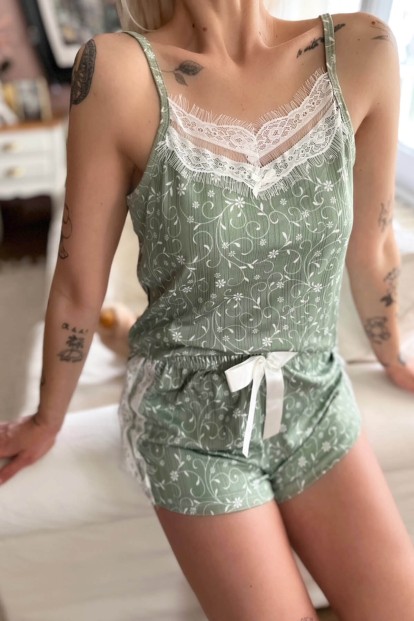 Yeşil Etnia Pegasus Dantel Detaylı İp Askı Şortlu Örme Pijama Takımı - 4
