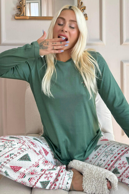 Yeşil Etnik Desenli Termal Kadın Pijama Takımı - 7