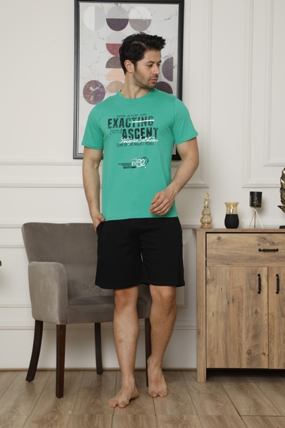 Yeşil Exacting Baskılı Şortlu Kısa Kollu Erkek Pijama Takımı - 1