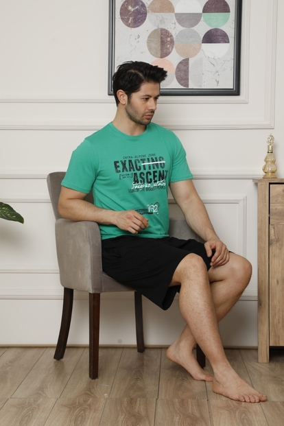 Yeşil Exacting Baskılı Şortlu Kısa Kollu Erkek Pijama Takımı - 2