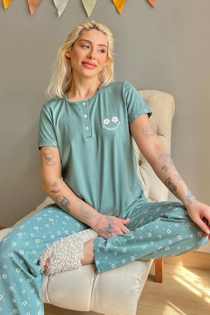 Yeşil Fine Nakışlı Kısa Kollu Örme Kadın Pijama Takımı - 1