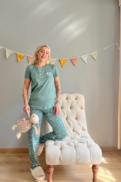 Yeşil Fine Nakışlı Kısa Kollu Örme Kadın Pijama Takımı - 5