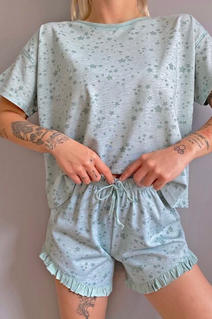Yeşil Fırfır Detaylı Baskılı Şortlu Kadın Pijama Takımı - 2