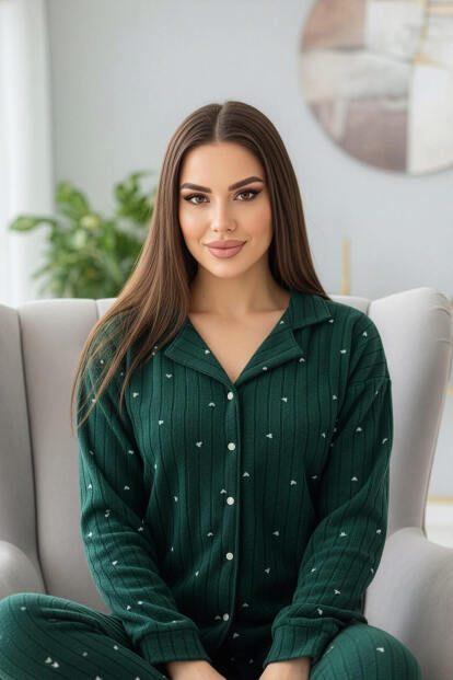 Yeşil Fitil Kalp Desenli Önden Düğmeli Peluş Polar Pijama Takımı - 2