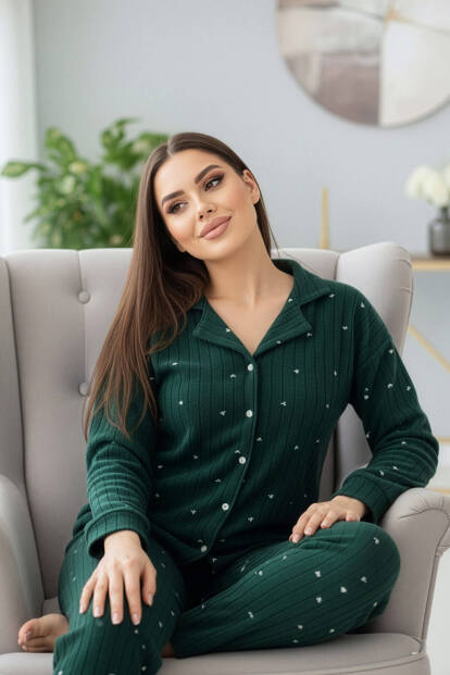 Yeşil Fitil Kalp Desenli Önden Düğmeli Peluş Polar Pijama Takımı - 3