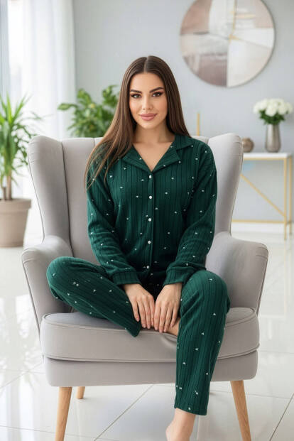 Yeşil Fitil Kalp Desenli Önden Düğmeli Peluş Polar Pijama Takımı - 4
